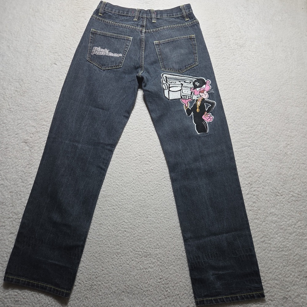 Vintage Y2K Women's Denim Jeans Embroidered Pink Panther Stretch Size 26x29
